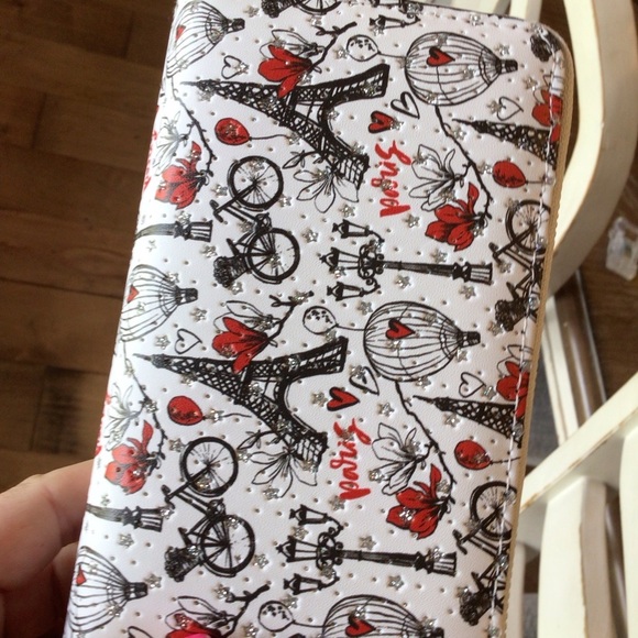 Blush Kiss Glitter Paris Eiffel Tower Floral Air Balloon Print Wristlet Wallet - Picture 2 of 9